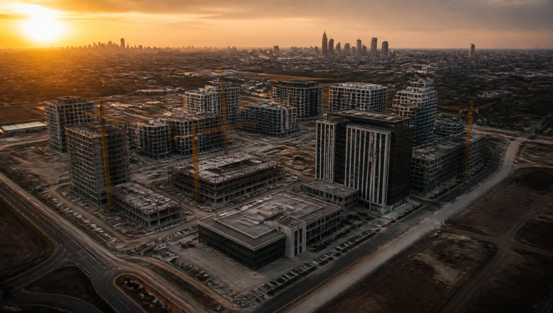Aerial view of a master-planned development under construction at golden hour